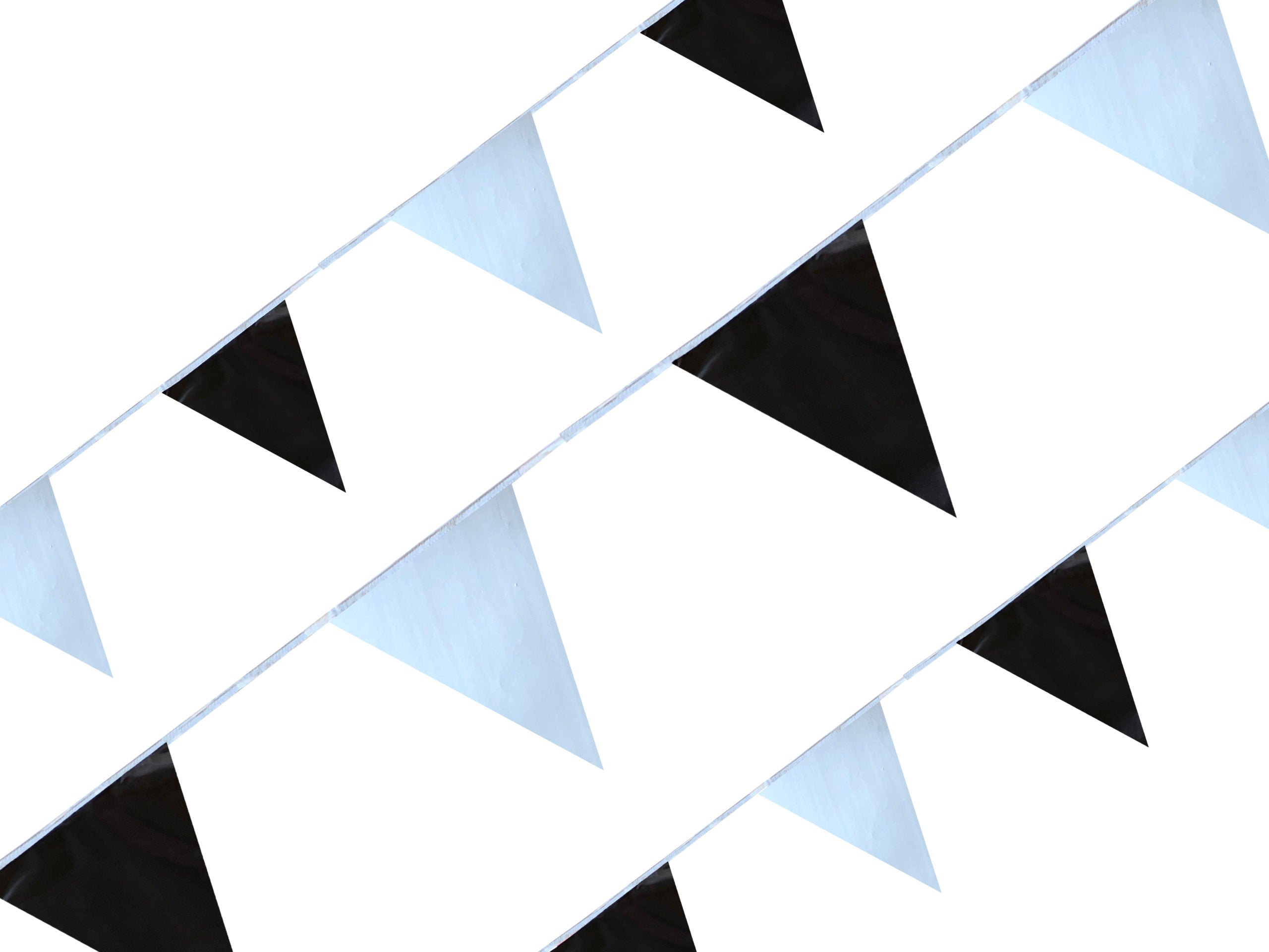 Tira de banderines triangulares intercalados en colores plata y negro con guía de rafia blanca, ideal para decoración de eventos, fiestas, venta de carros, tiendas y exteriores, largo total de 50m con 84 banderines. Tira de banderines triangulares intercalados en colores plata y negro con guía de rafia blanca, ideal para decoración de eventos, fiestas, venta de carros, tiendas y exteriores, largo total de 50m con 84 banderines.